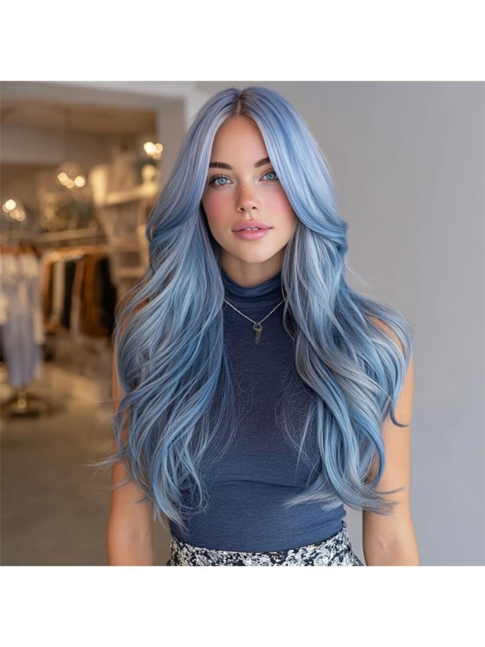 Blue Layered Curly Wig 26 Inches, Heat-Resistant Synthetic Fiber,